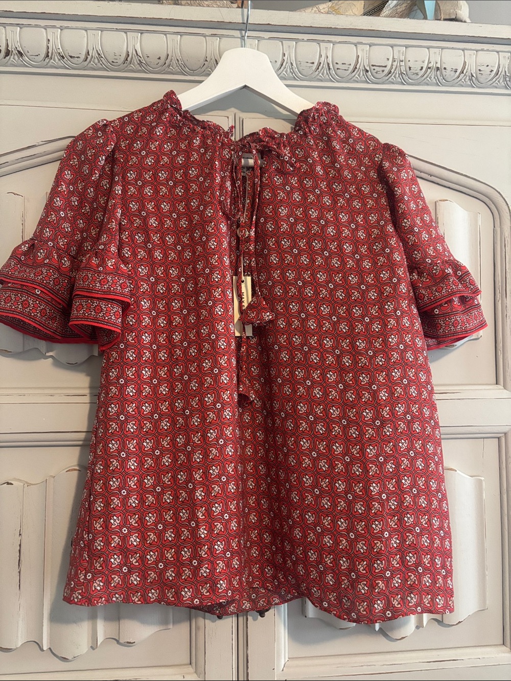 NWT Max Studio Red Patterned Tie-Neck Peasant Tunic